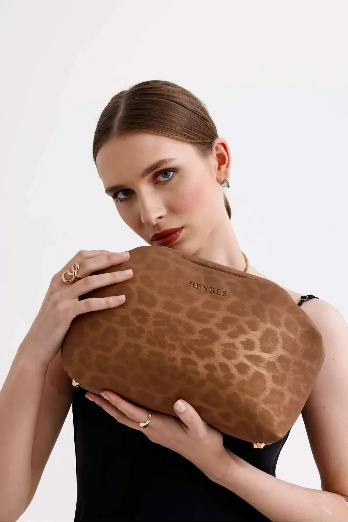 Women's Tan Leopard Patterned Faux Leather Clutch Handbag