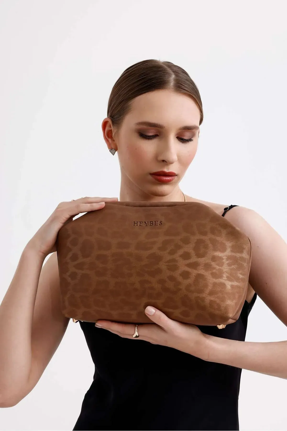 Women's Tan Leopard Patterned Faux Leather Clutch Handbag