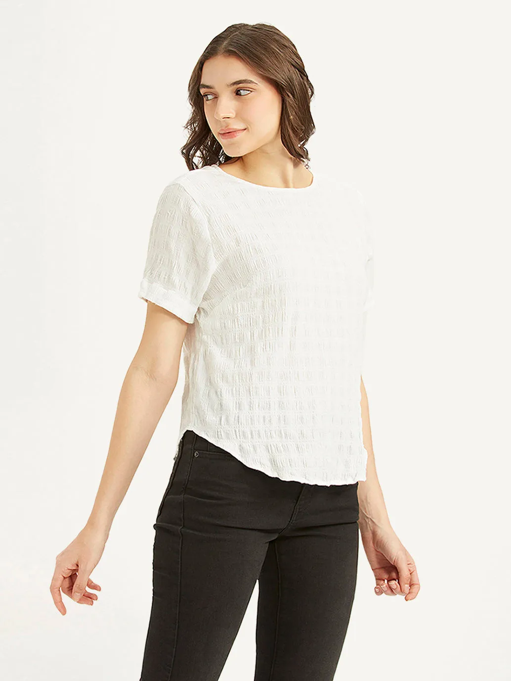 Women's Textured White Round Neck Top