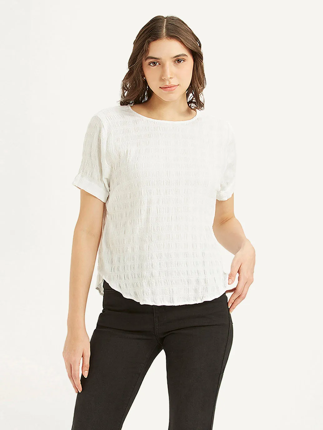 Women's Textured White Round Neck Top