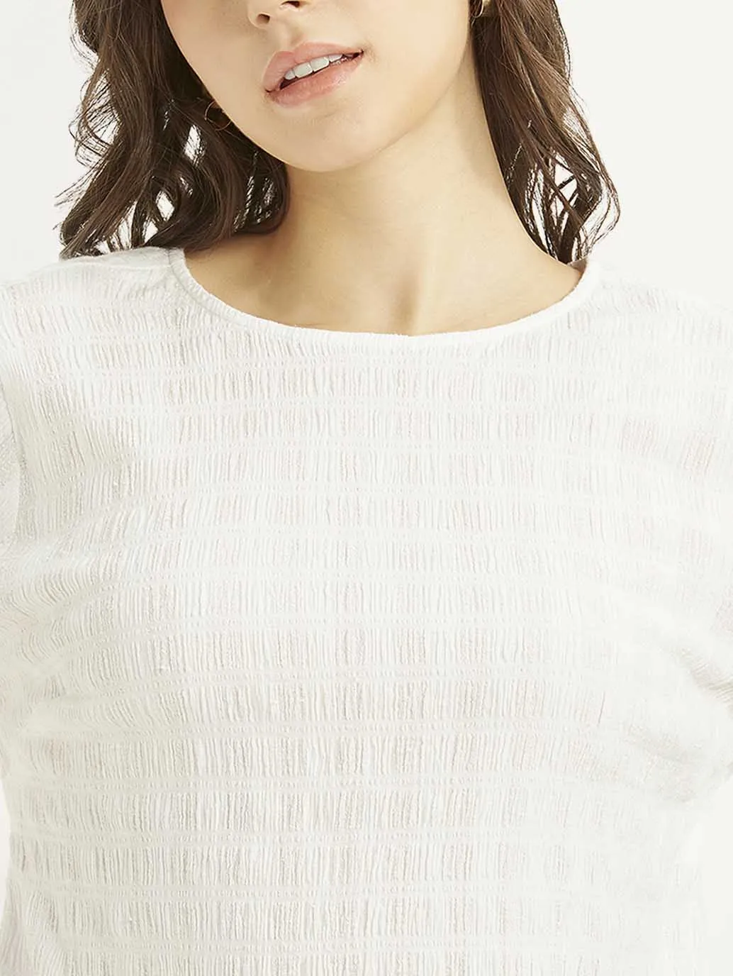 Women's Textured White Round Neck Top
