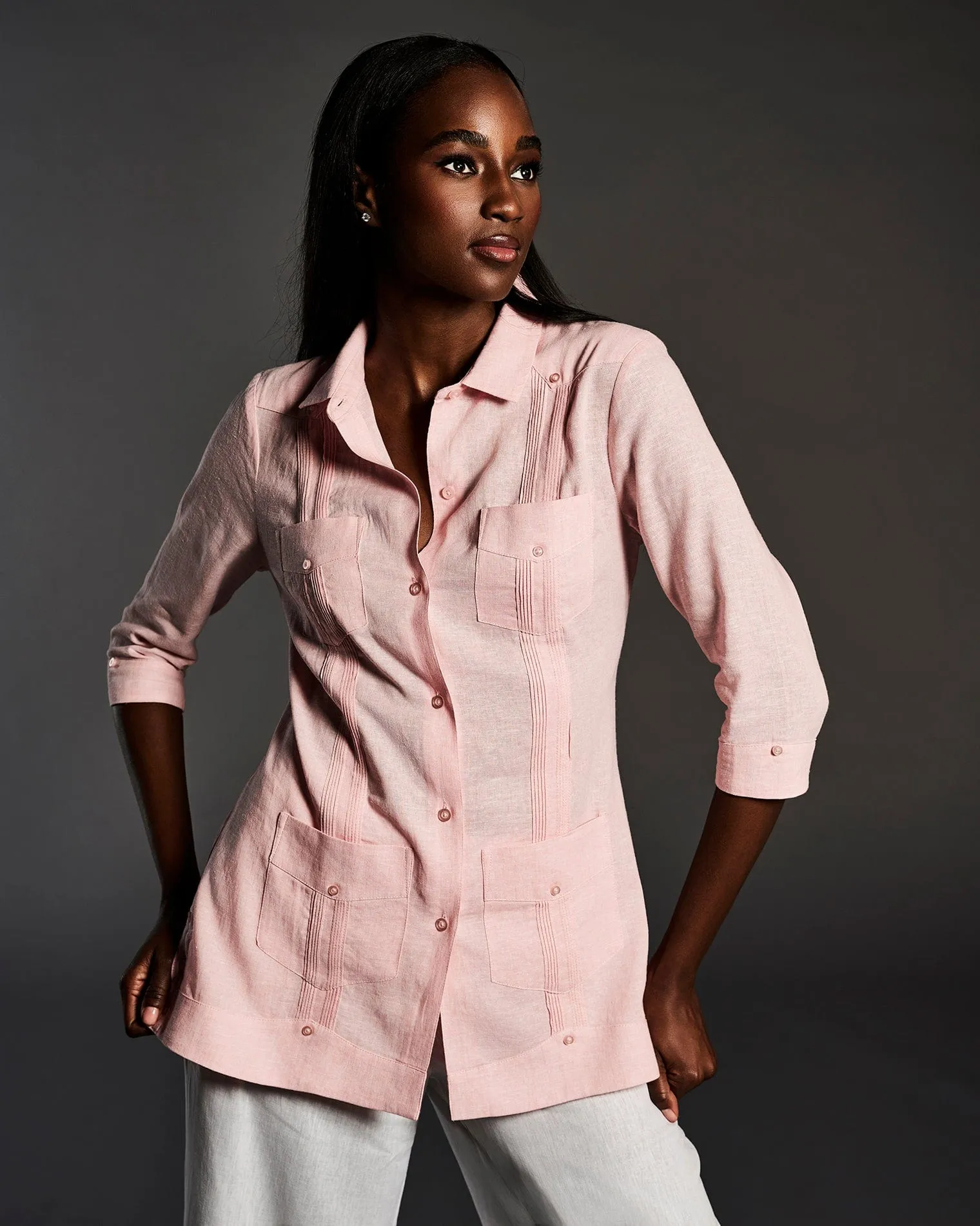 Women's Two-Tone Linen Blend Guayabera Shirt - Pink