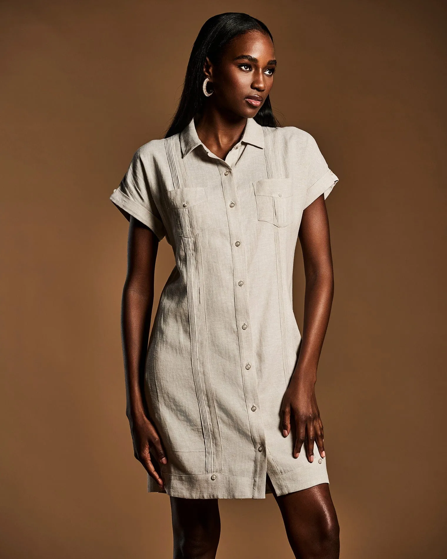 Women's Two-Tone Two-Pocket Linen Blend Guayabera Dress