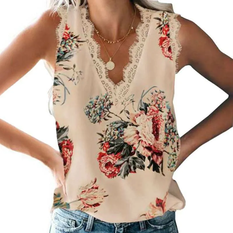 Women's V-Neck Lace Sleeveless Floral Print Tank Top