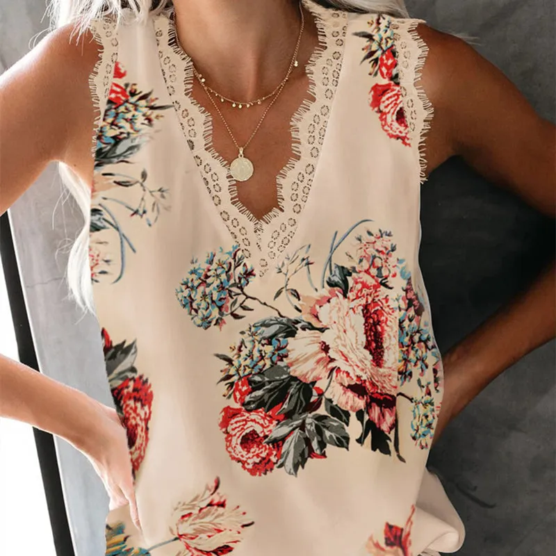 Women's V-Neck Lace Sleeveless Floral Print Tank Top