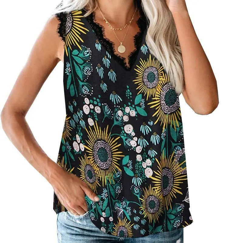 Women's V-Neck Lace Sleeveless Floral Print Tank Top
