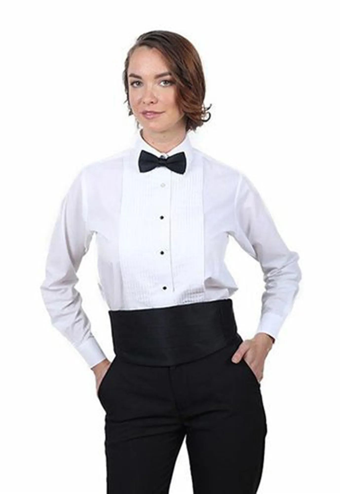 Women's White, Lay Down Collar, Long Sleeve Tuxedo Shirt with ¼″ Pleats