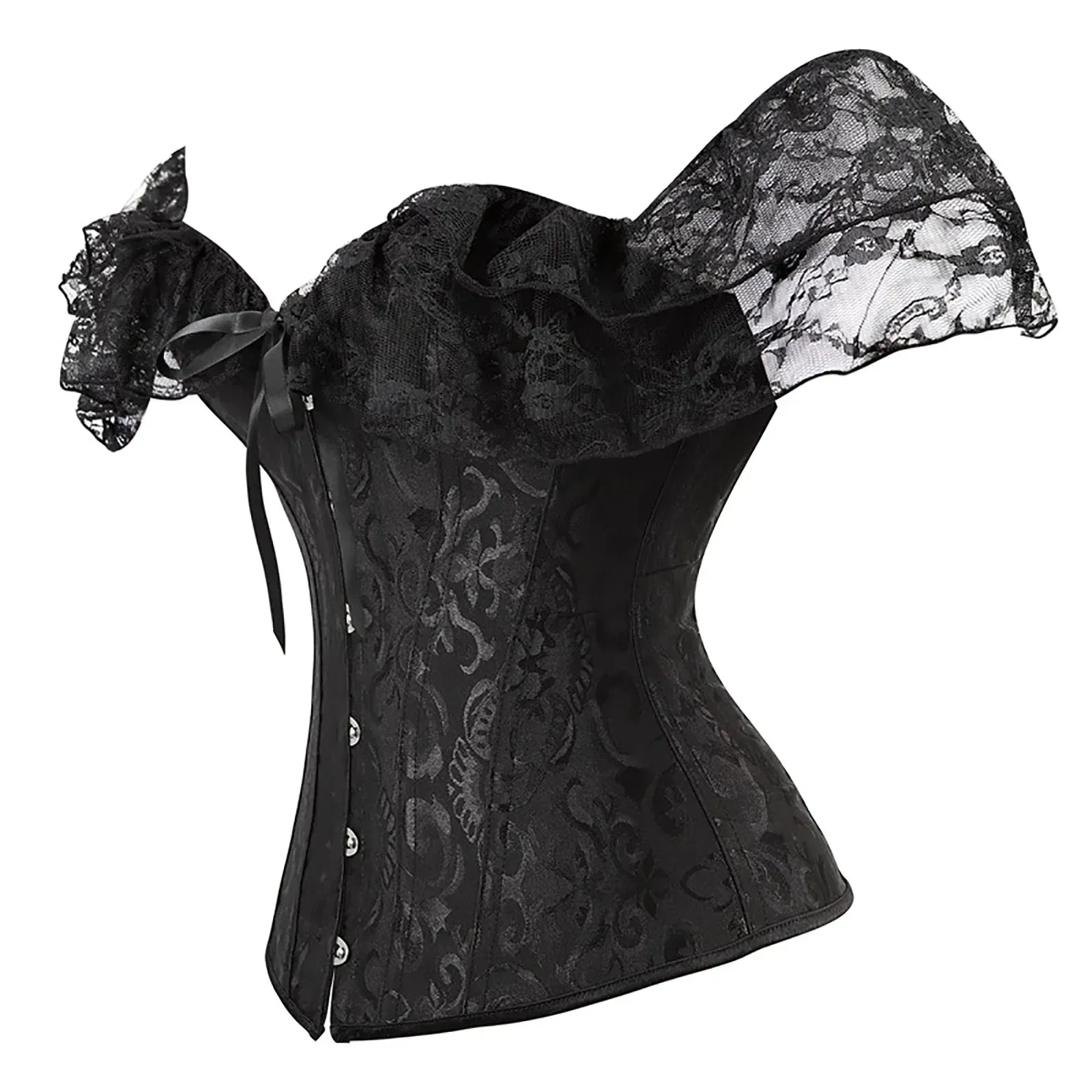 Women's Y2K Vintage Halloween Lace Patchwork Ruffled Short Sleeve Corset Bow Tied Button-down Shapewear Slim Fit Tops