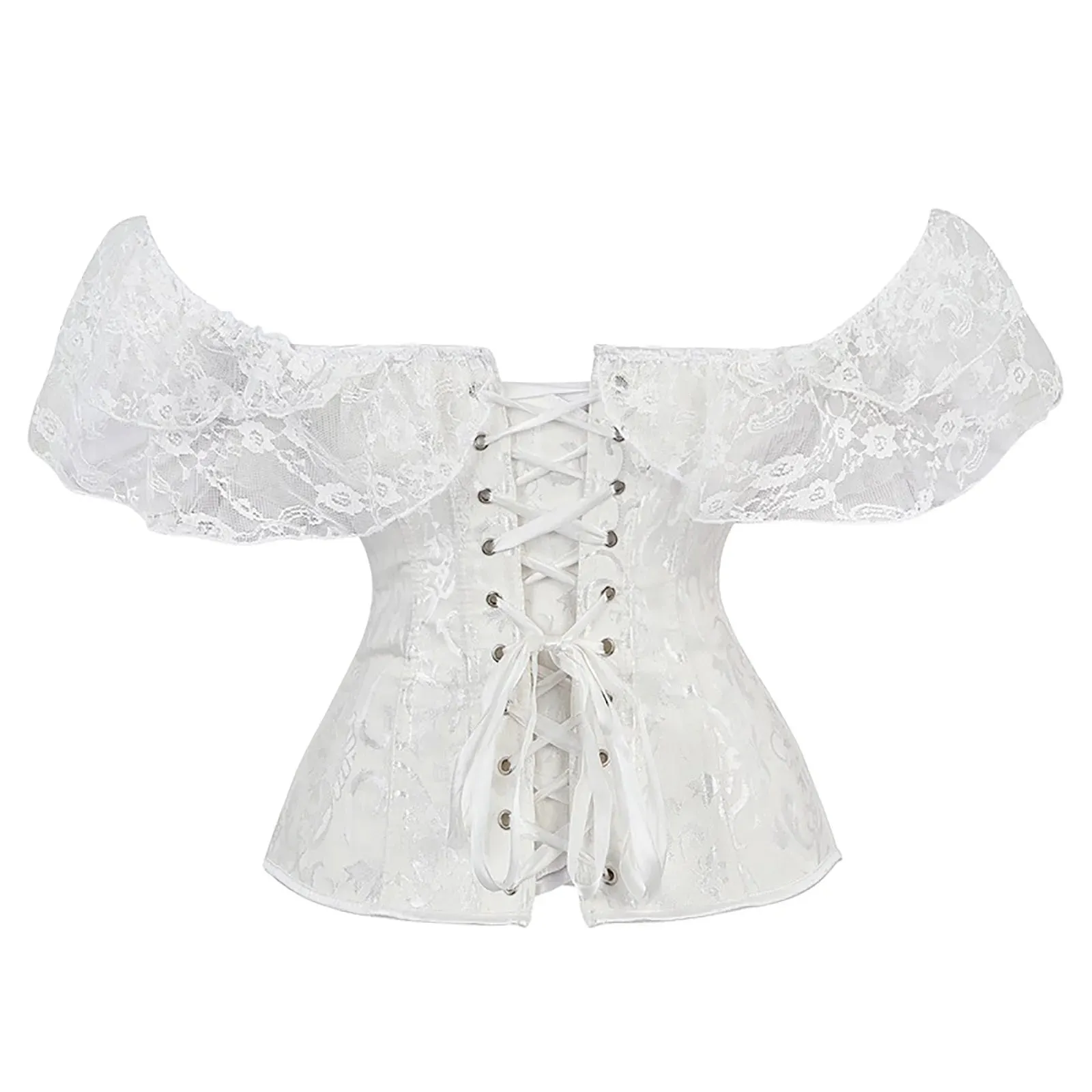 Women's Y2K Vintage Halloween Lace Patchwork Ruffled Short Sleeve Corset Bow Tied Button-down Shapewear Slim Fit Tops