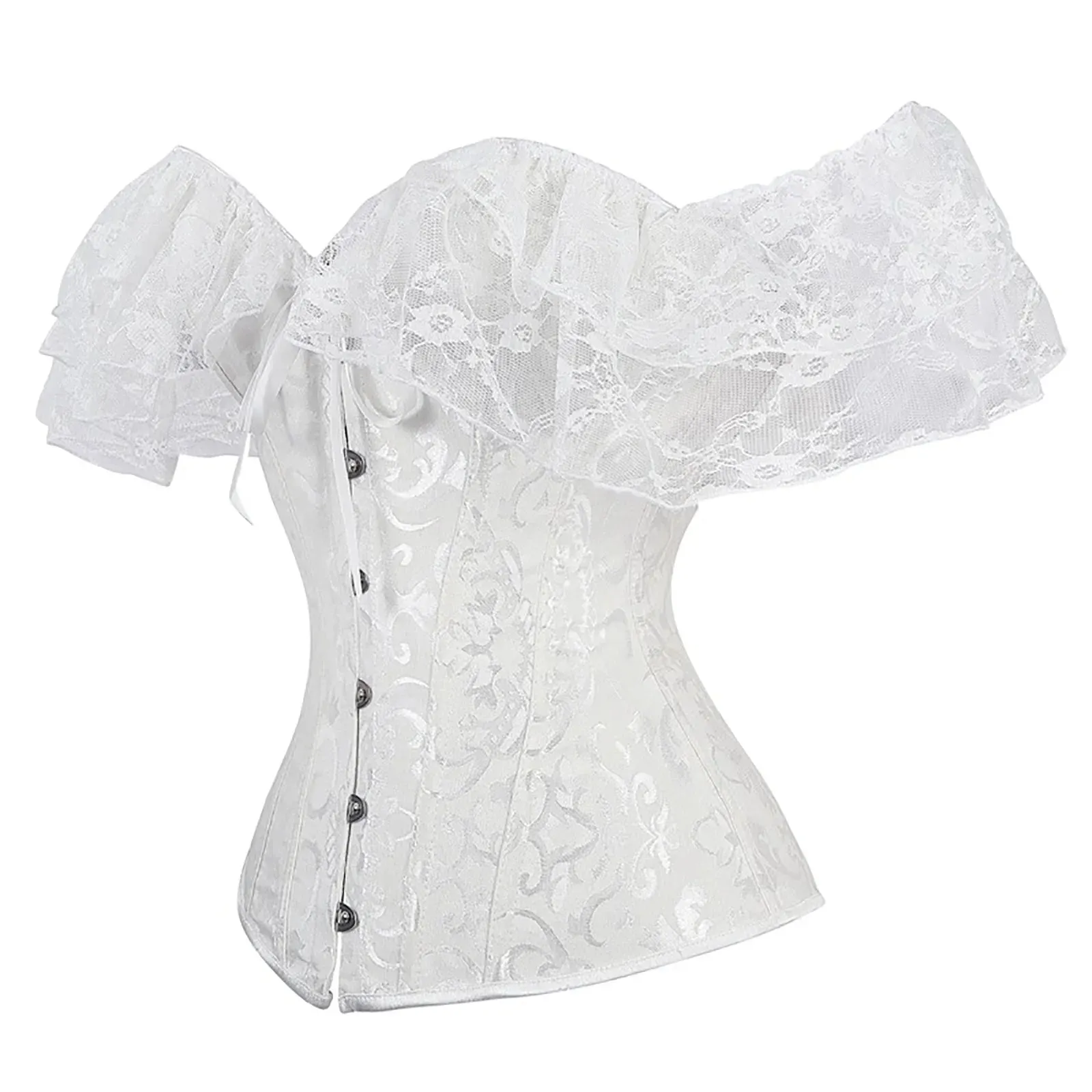 Women's Y2K Vintage Halloween Lace Patchwork Ruffled Short Sleeve Corset Bow Tied Button-down Shapewear Slim Fit Tops