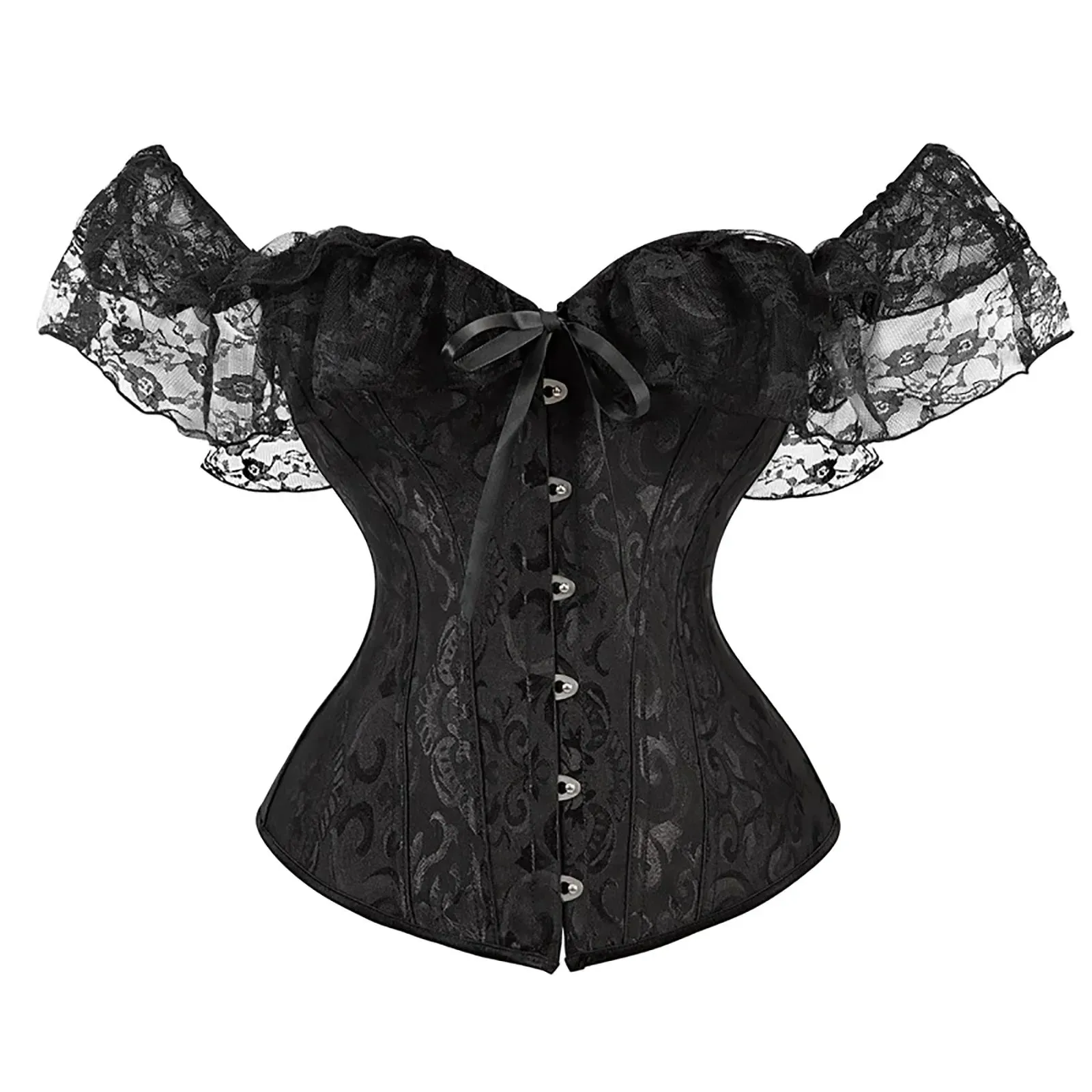 Women's Y2K Vintage Halloween Lace Patchwork Ruffled Short Sleeve Corset Bow Tied Button-down Shapewear Slim Fit Tops
