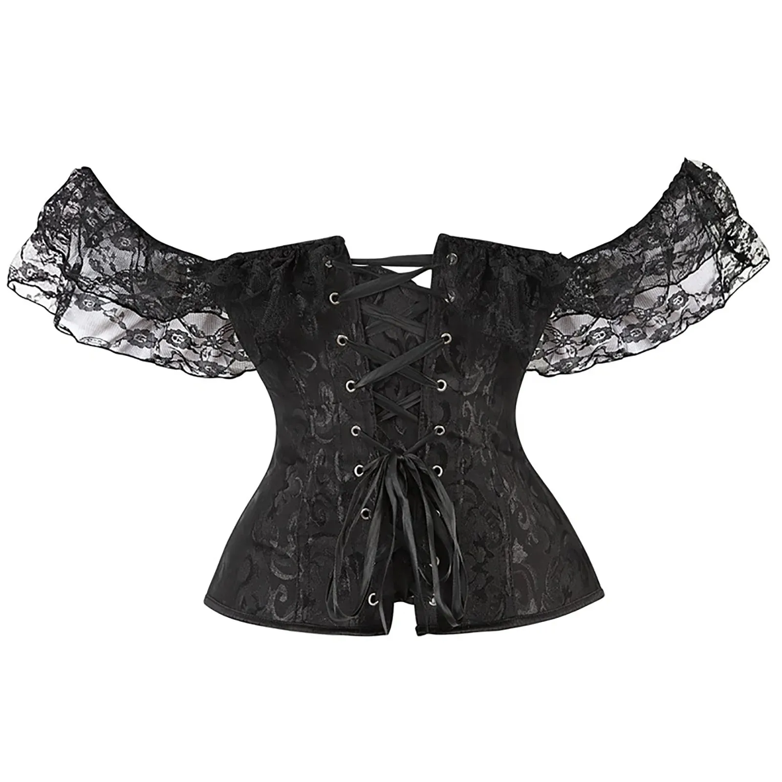 Women's Y2K Vintage Halloween Lace Patchwork Ruffled Short Sleeve Corset Bow Tied Button-down Shapewear Slim Fit Tops