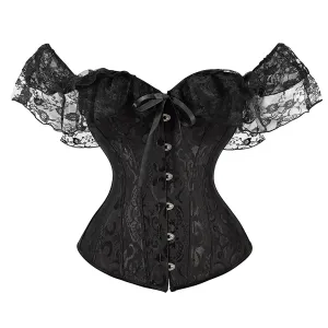 Women's Y2K Vintage Halloween Lace Patchwork Ruffled Short Sleeve Corset Bow Tied Button-down Shapewear Slim Fit Tops