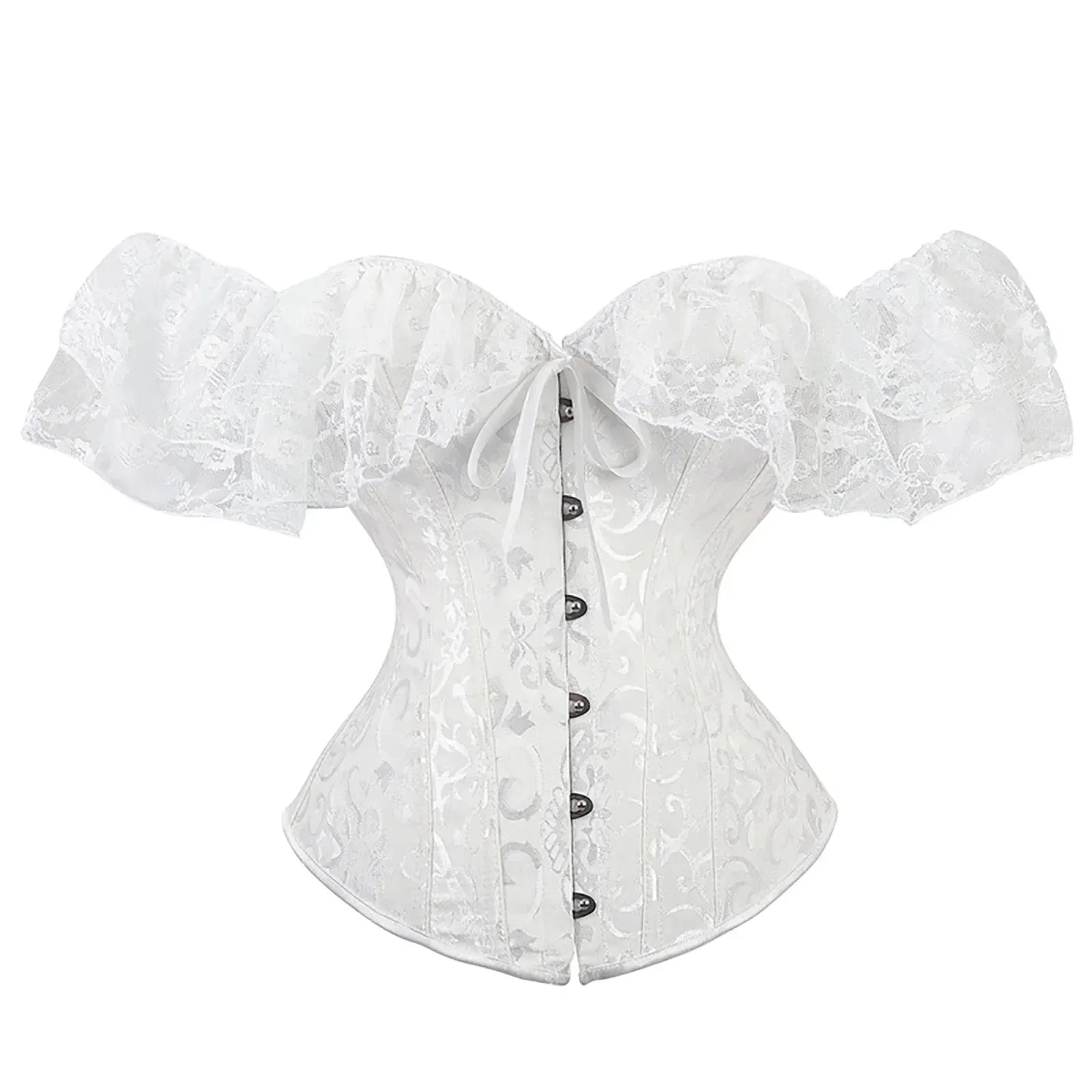 Women's Y2K Vintage Halloween Lace Patchwork Ruffled Short Sleeve Corset Bow Tied Button-down Shapewear Slim Fit Tops