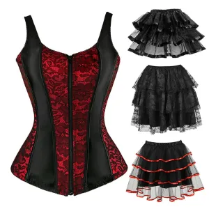 XL Overbust Corset Top with Straps Jacquard Corset Bustier Zipper Plus Size for Women Corset Dress with Skirt Black Red purple