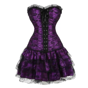 XXXL Women's Lace Cover Overbust Corset Lace Up Boned Lingerie Zipper Side Carnival Waist and Body Shaper Bustier Plus Size