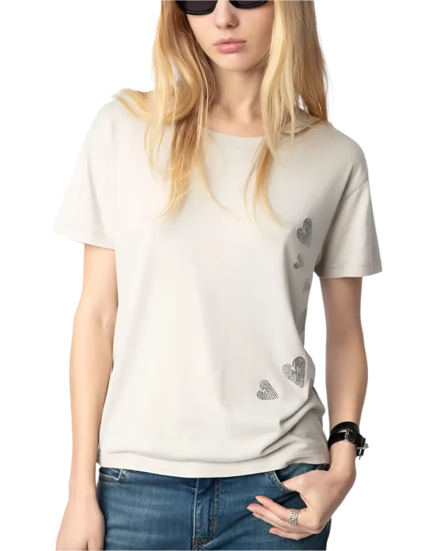 Zadig & Voltaire - Marta Strass Heart Embellished Tee - Light Grey