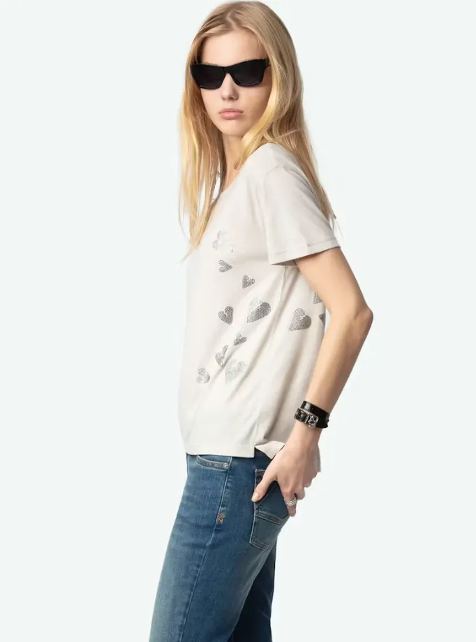 Zadig & Voltaire - Marta Strass Heart Embellished Tee - Light Grey